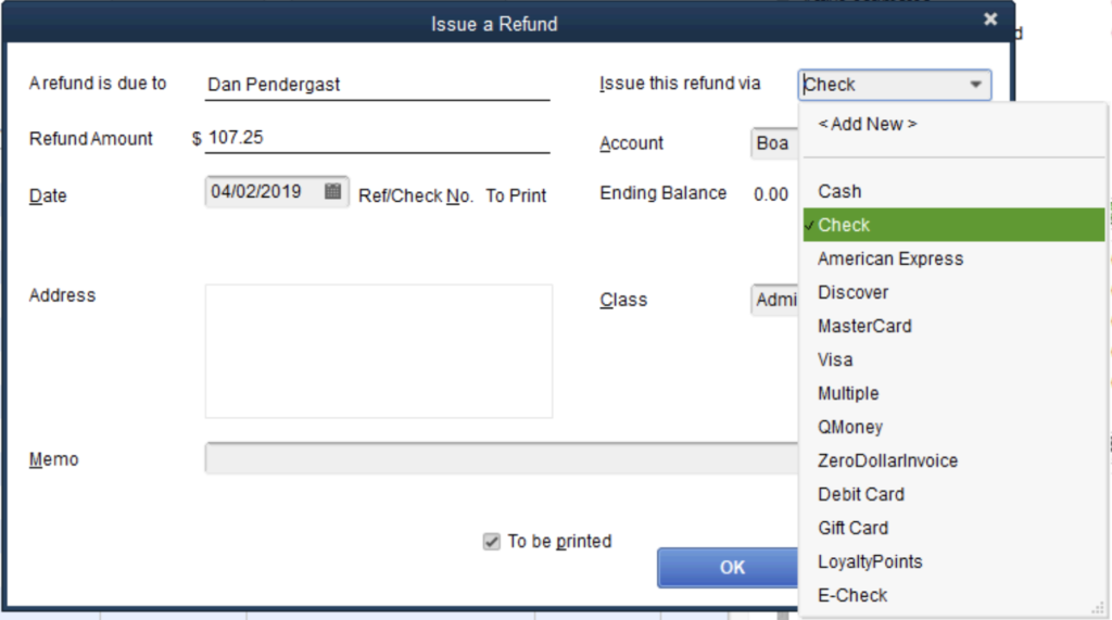 Choosing which payment method to refund in Quickbooks