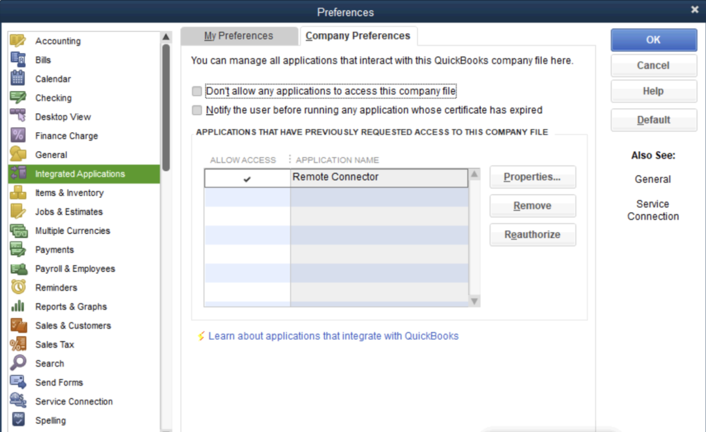Quickbooks Settings Integrated Applications