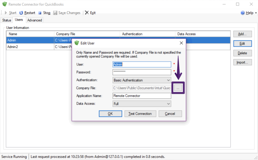 How to edit company file in Remote Connector Admin Account