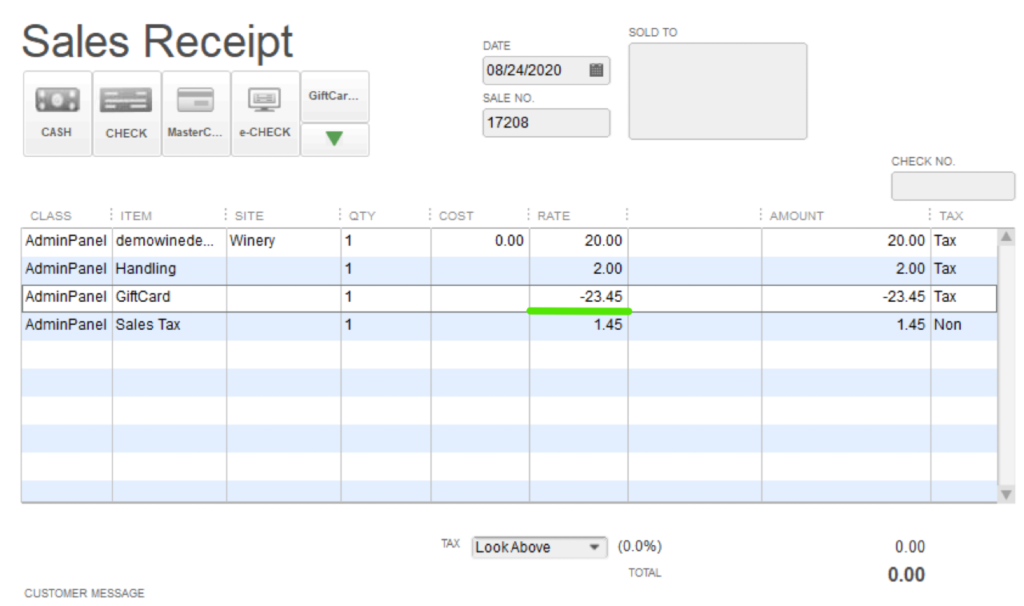 gift card usage in QuickBooks