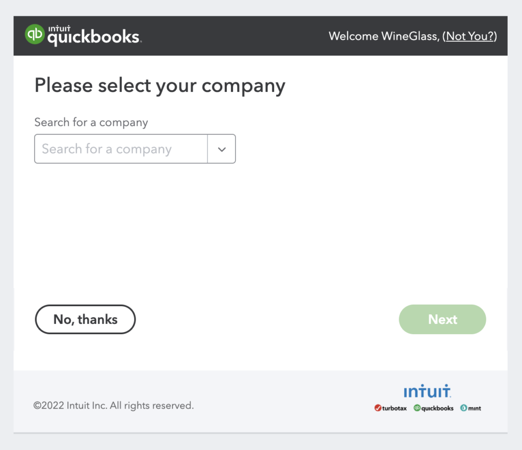 WGits QBO Screen to select your company file